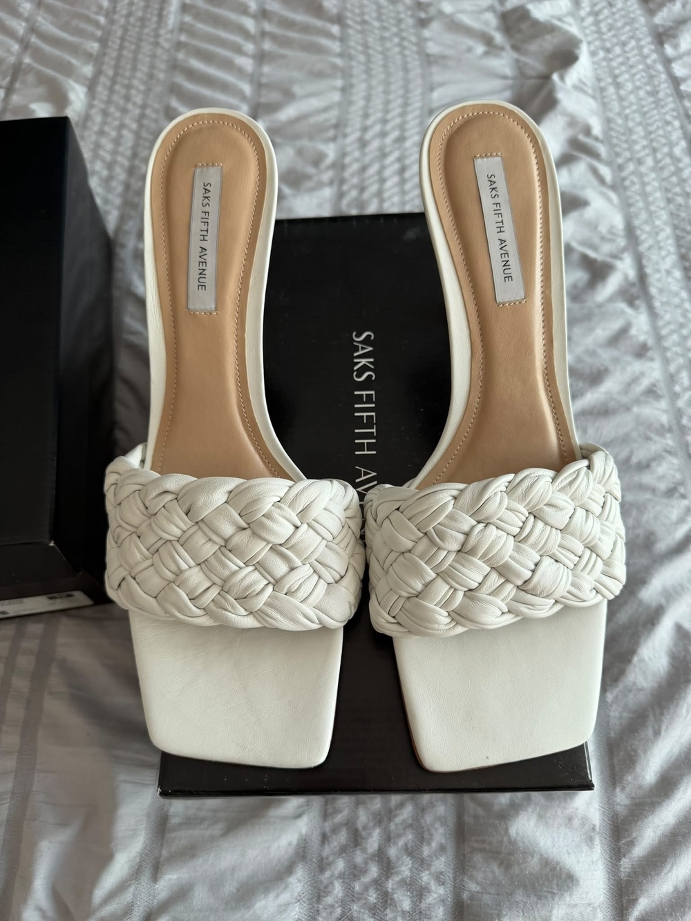 Saks Fifth Avenue Cream Braided Square-Toe Slide Mules